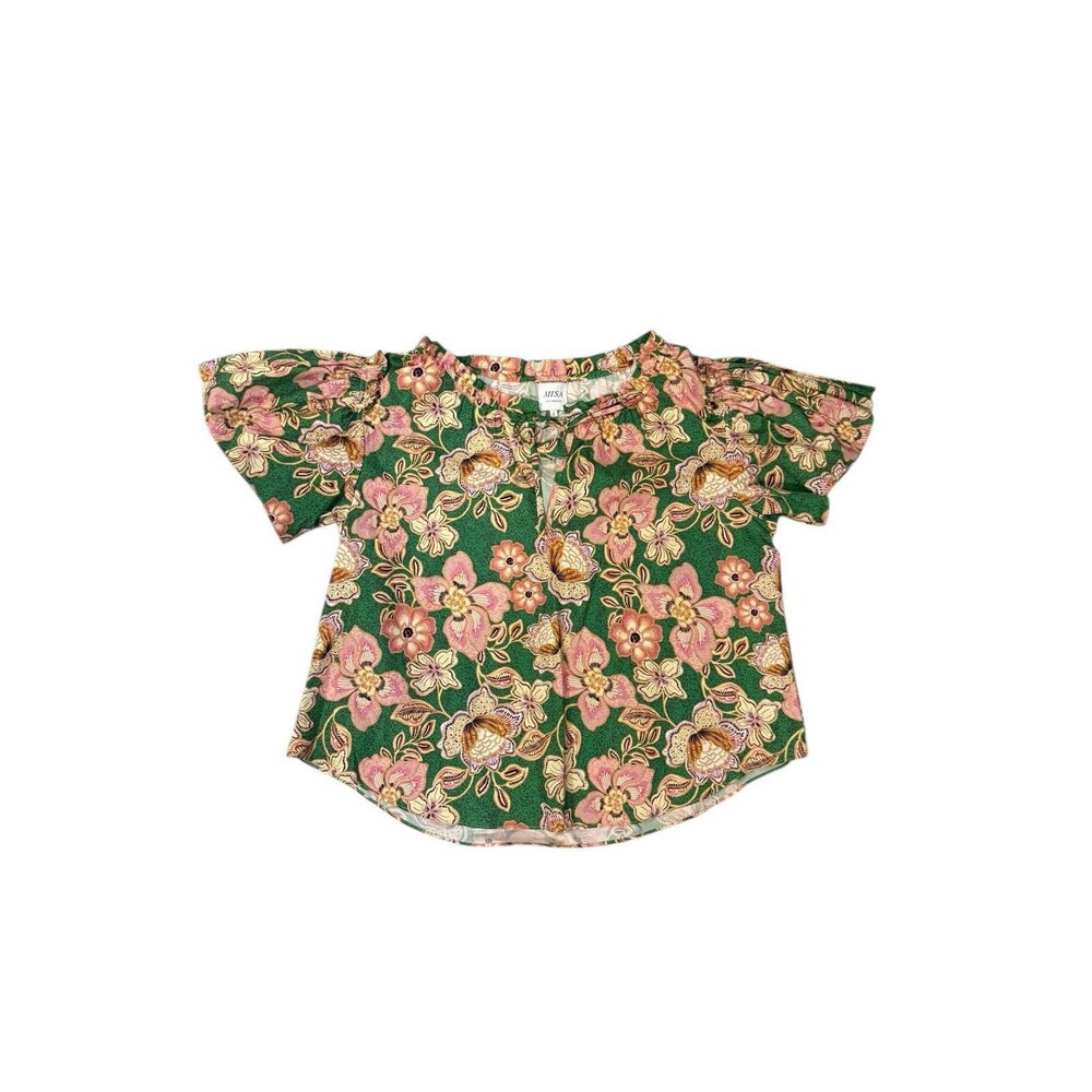 Misa Los Angeles Suparna Floral poplin Top Sz L Green Floral popover tie top